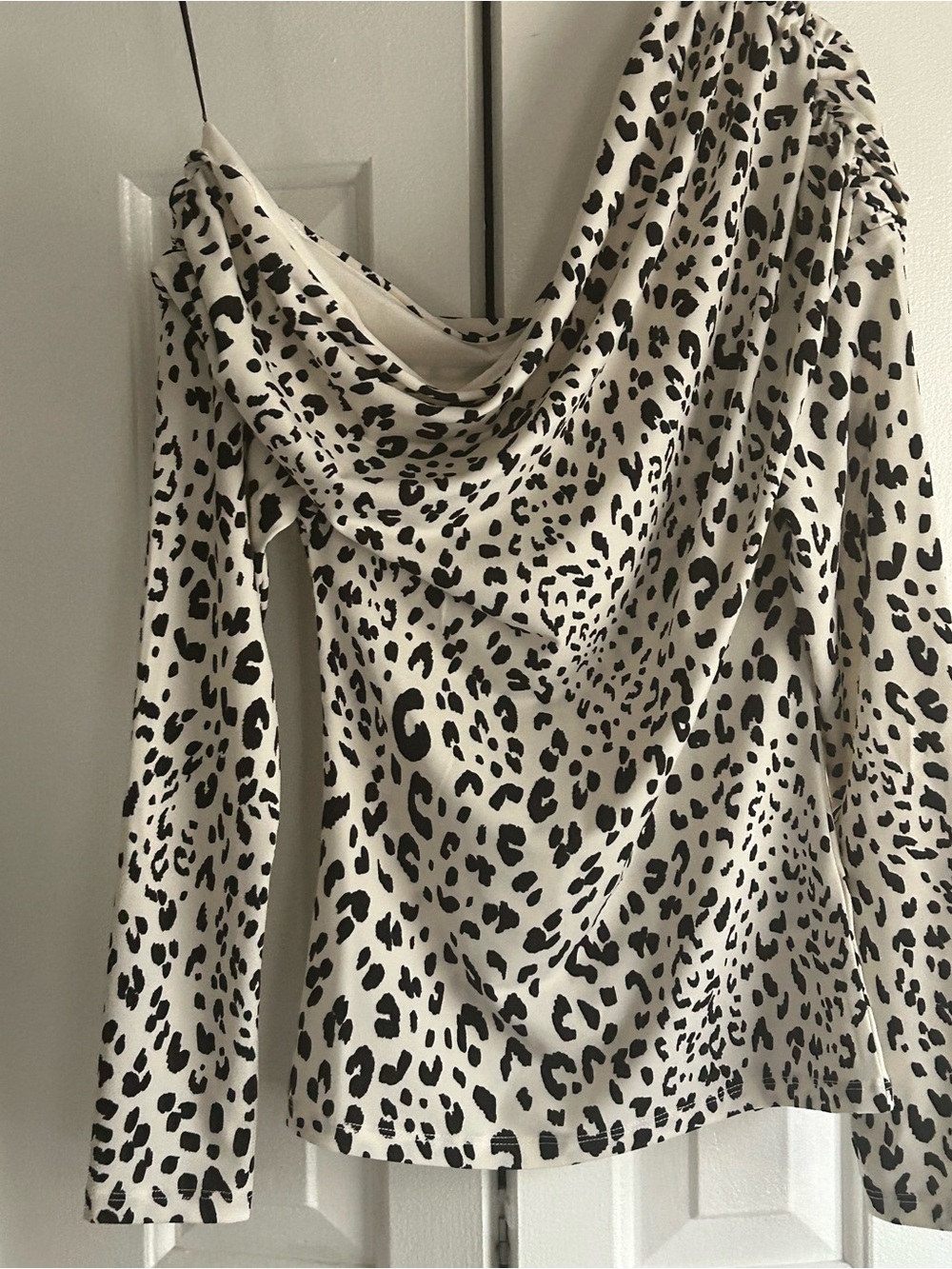 Animal Print Cowl Neck Long Sleeve Top in Cream and Black off 1 shoulder